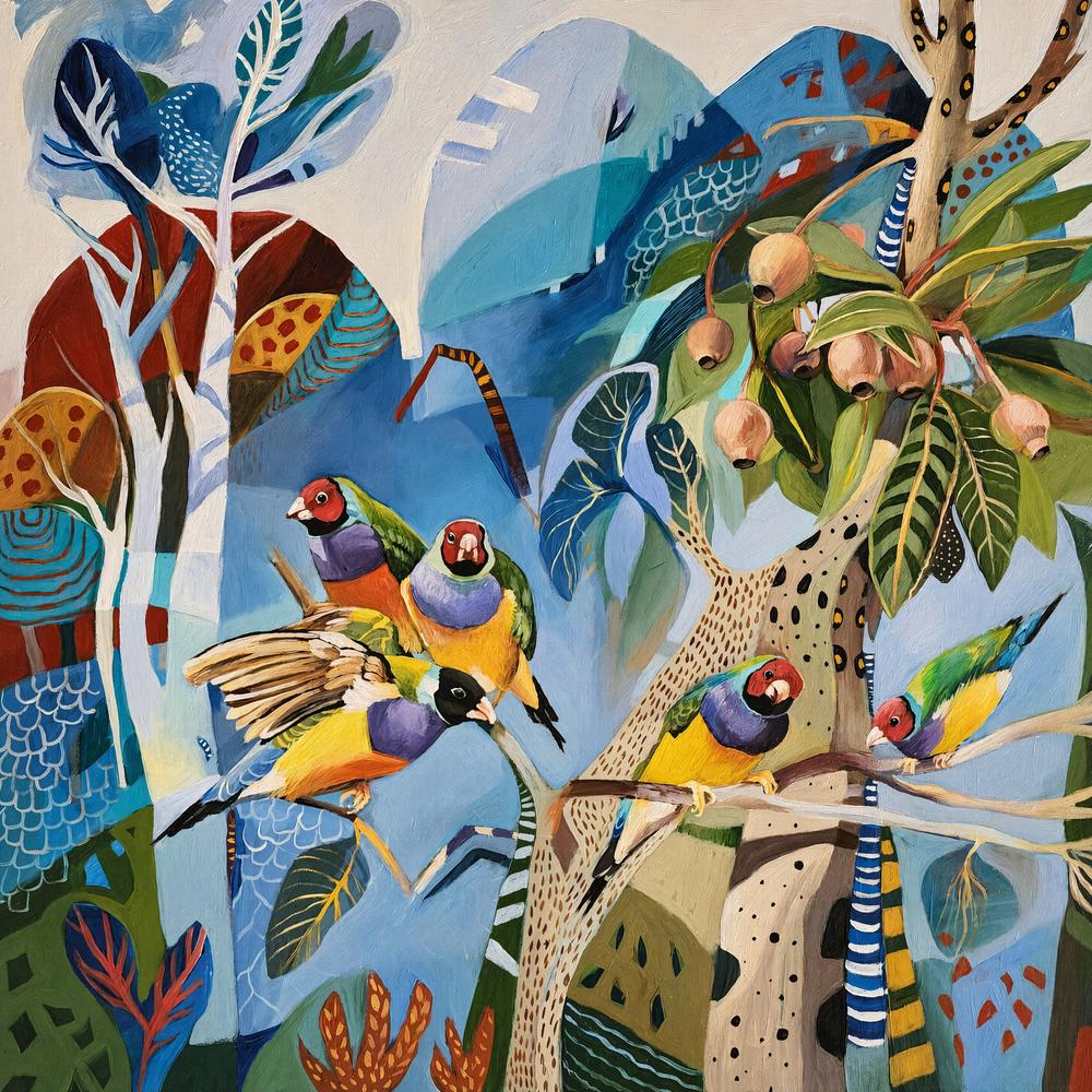 Gouldian Finches on Blue-by-Susan Trudinger-wall-art-print-canvas-poster-framed-Gioia