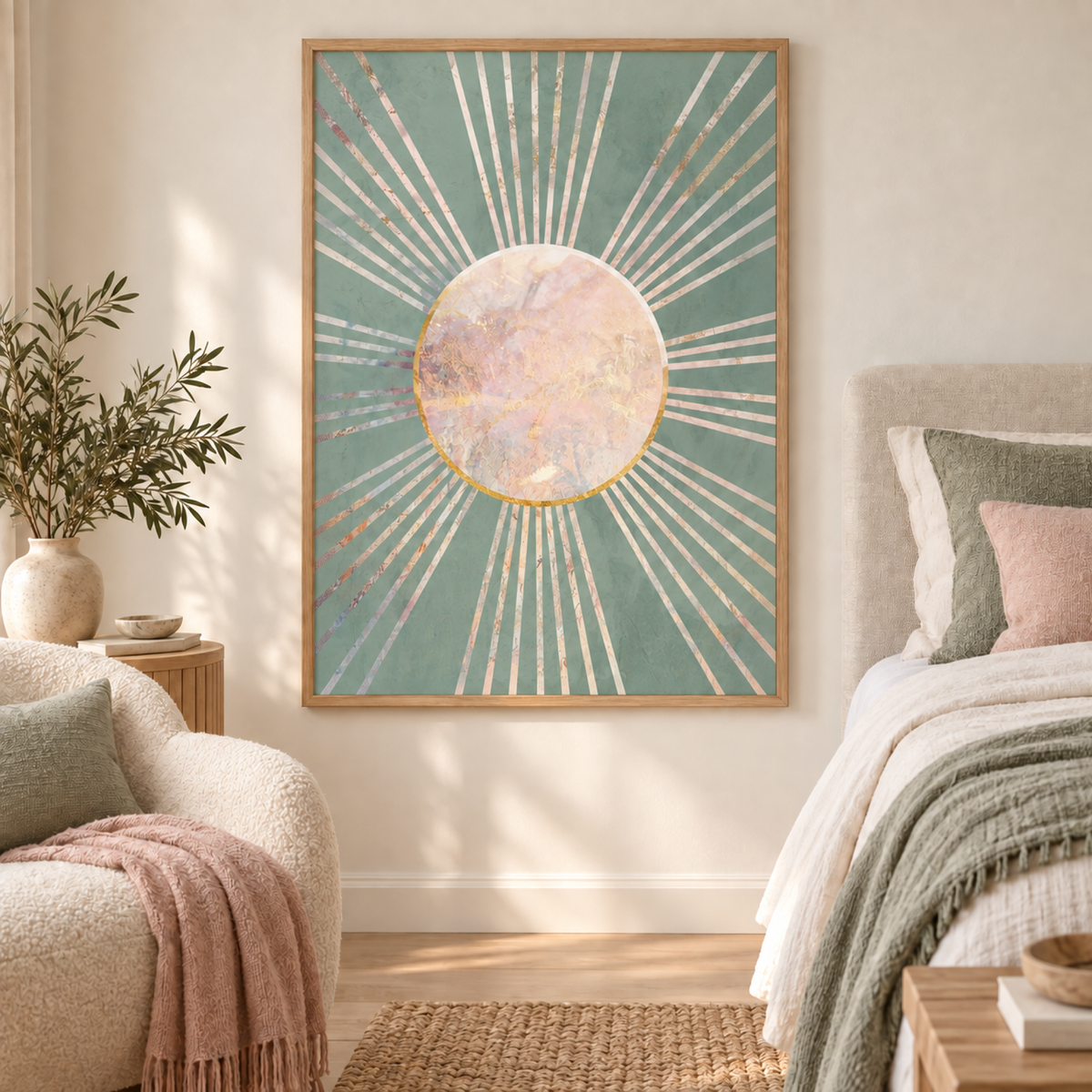 Green Boho Sun Style B wall art styled in a calm contemporary bedroom with no mat border