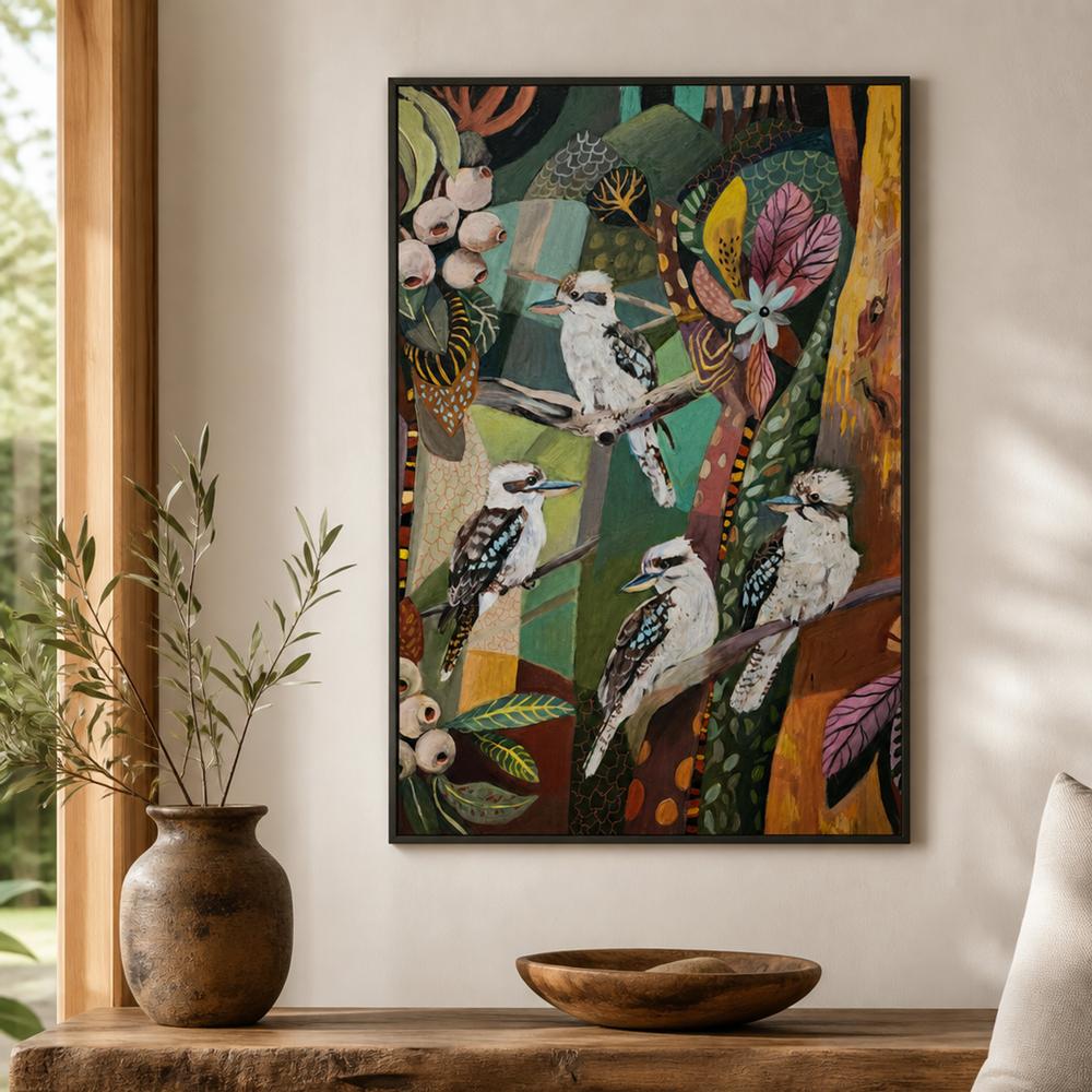 Kookaburras with Gumnuts-by-Susan Trudinger-wall-art-print-canvas-poster-framed-Gioia