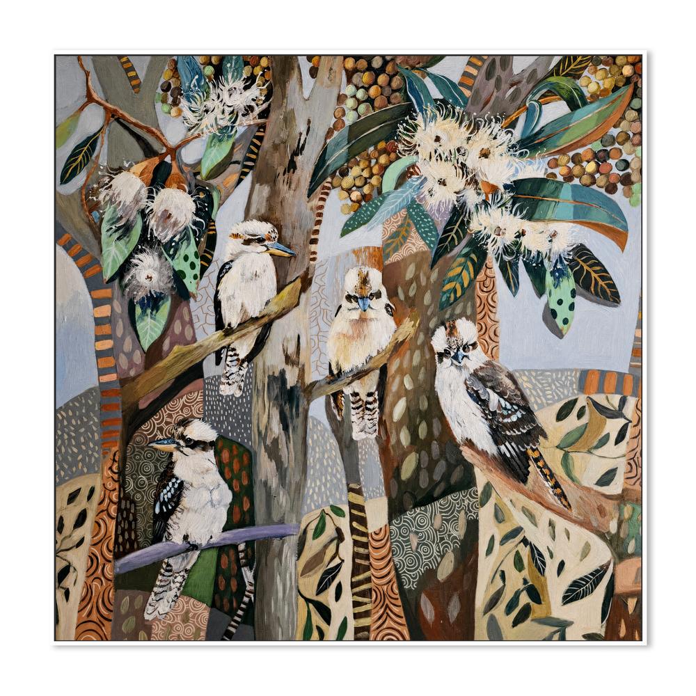 Kookaburras with White Gum Blossom-by-Susan Trudinger-wall-art-print-canvas-poster-framed-Gioia