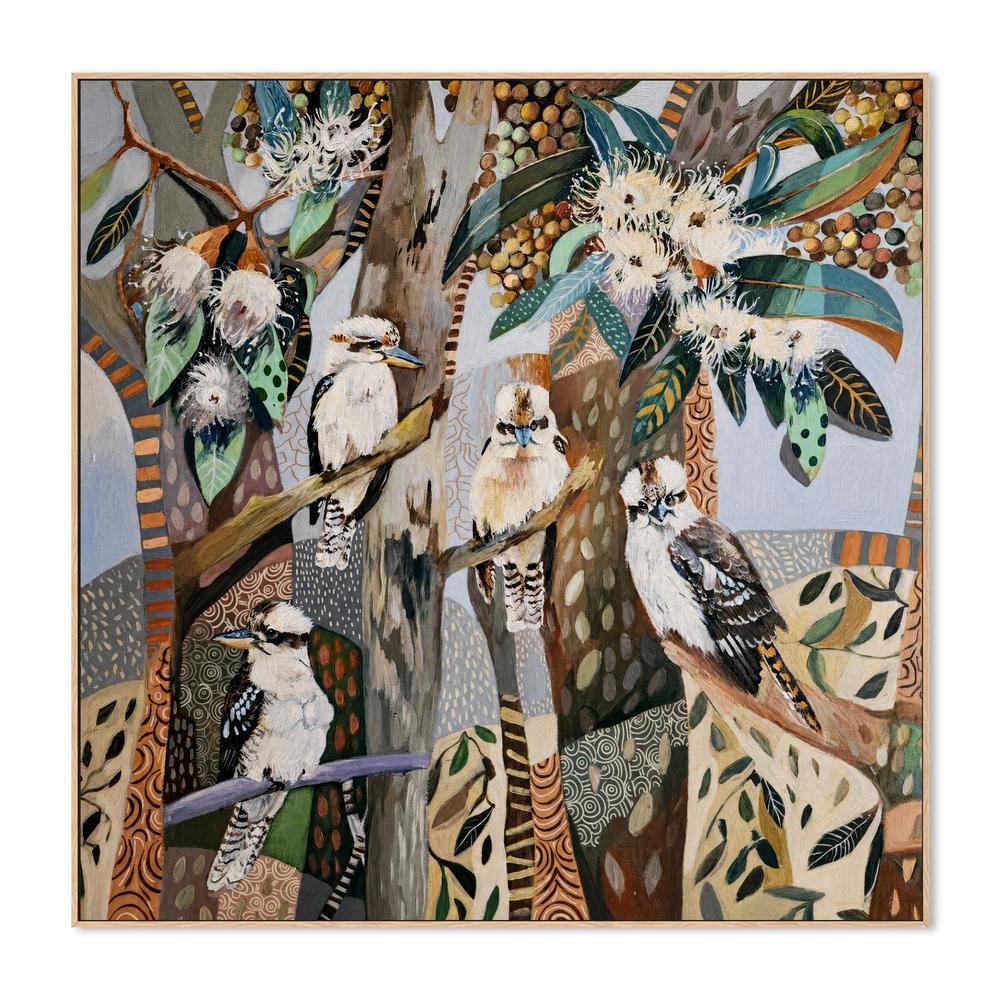 Kookaburras with White Gum Blossom-by-Susan Trudinger-wall-art-print-canvas-poster-framed-Gioia