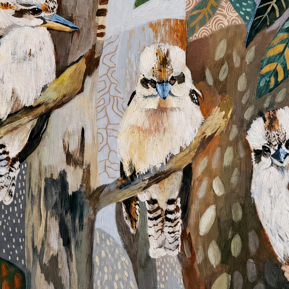 Kookaburras with White Gum Blossom-by-Susan Trudinger-wall-art-print-canvas-poster-framed-Gioia