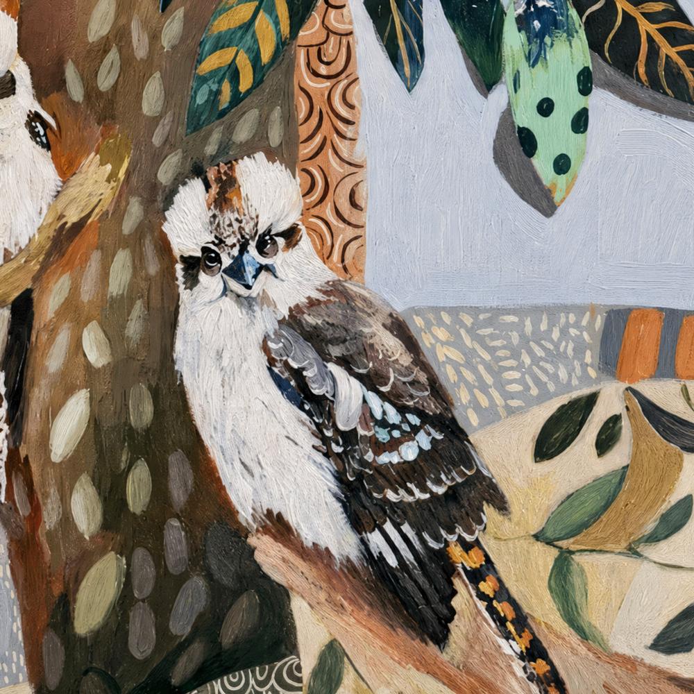 Kookaburras with White Gum Blossom-by-Susan Trudinger-wall-art-print-canvas-poster-framed-Gioia