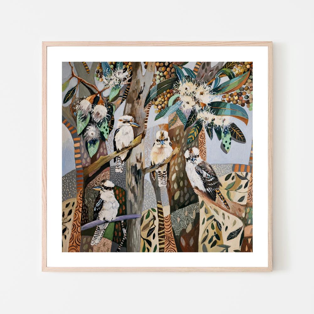 Kookaburras with White Gum Blossom-by-Susan Trudinger-wall-art-print-canvas-poster-framed-Gioia