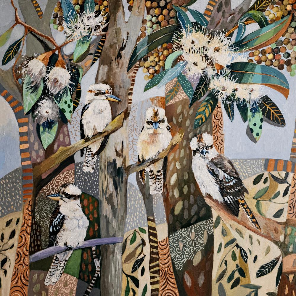 Kookaburras with White Gum Blossom-by-Susan Trudinger-wall-art-print-canvas-poster-framed-Gioia