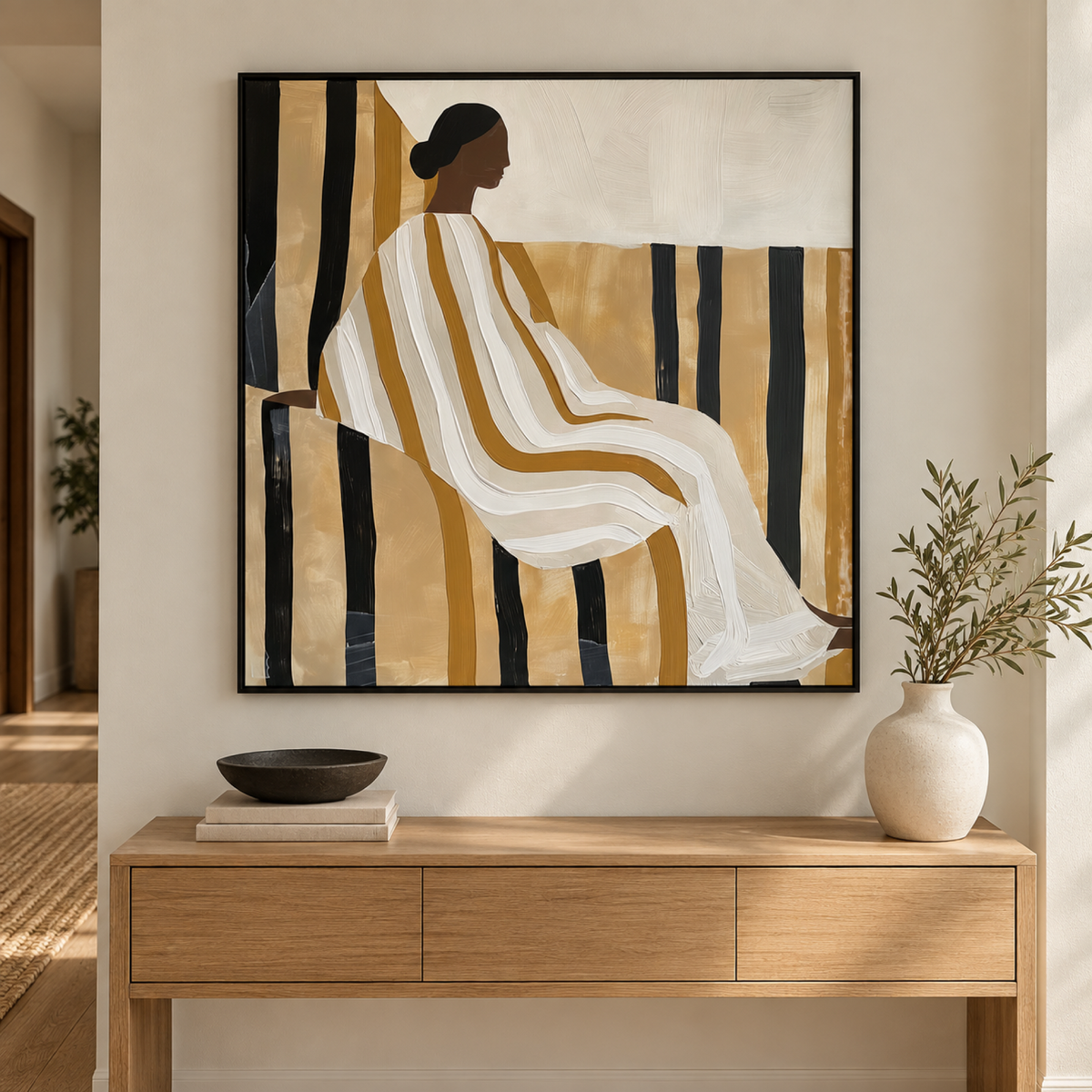 Lady In Stripes wall art above a refined contemporary hallway console