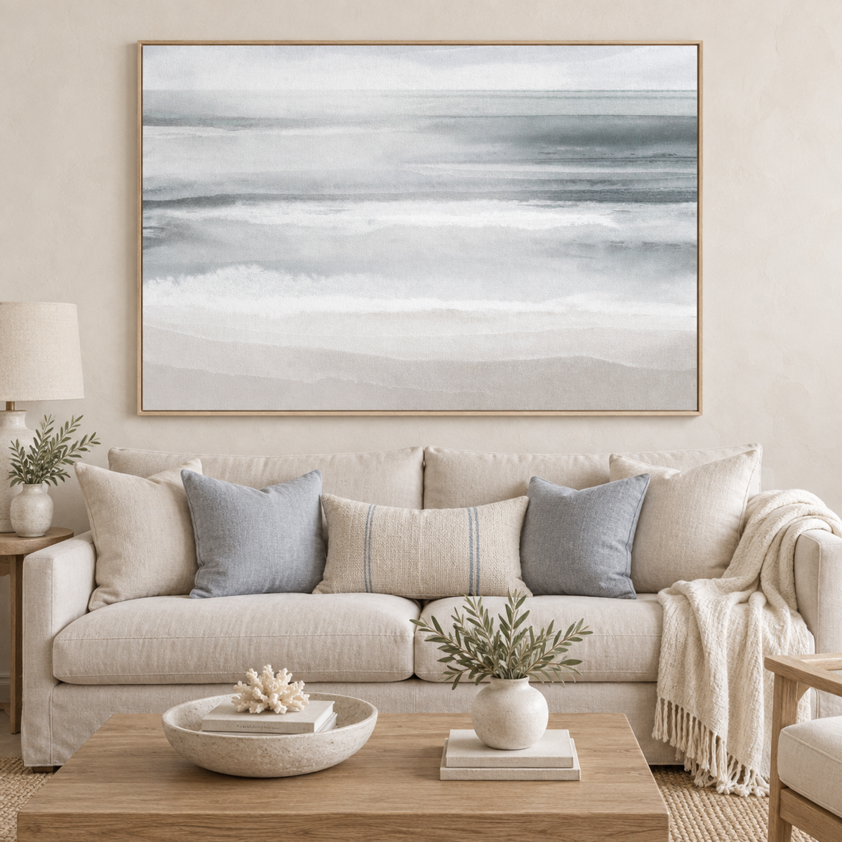 Landscape Friendly Beaches wall art centred above a coastal sofa