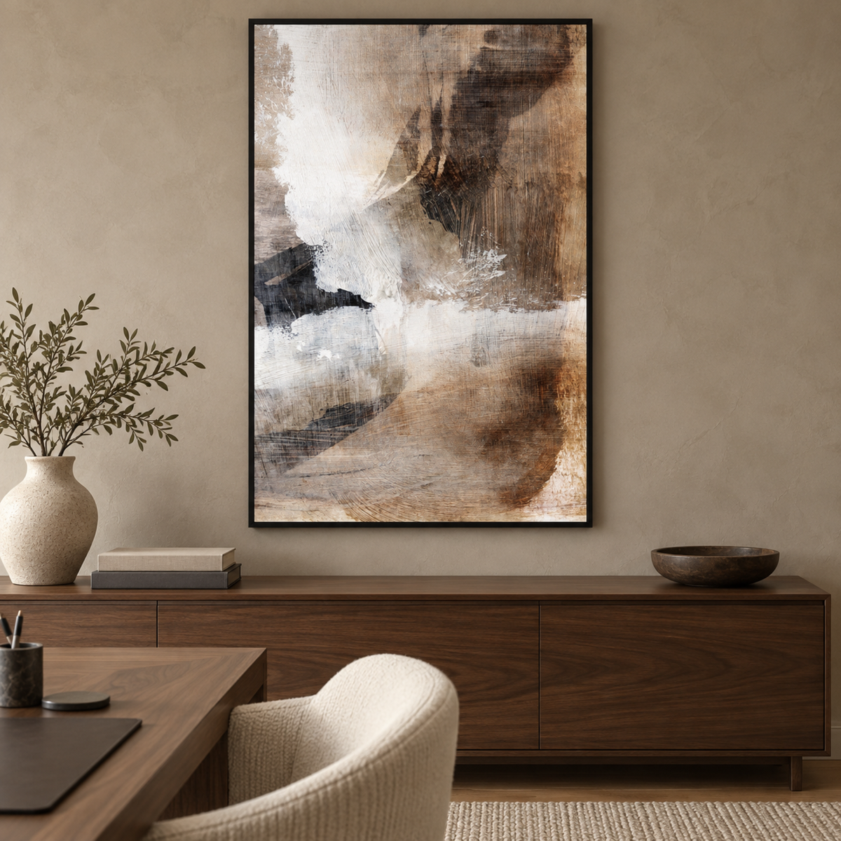 Layers, Style B abstract wall art styled in a contemporary walnut study