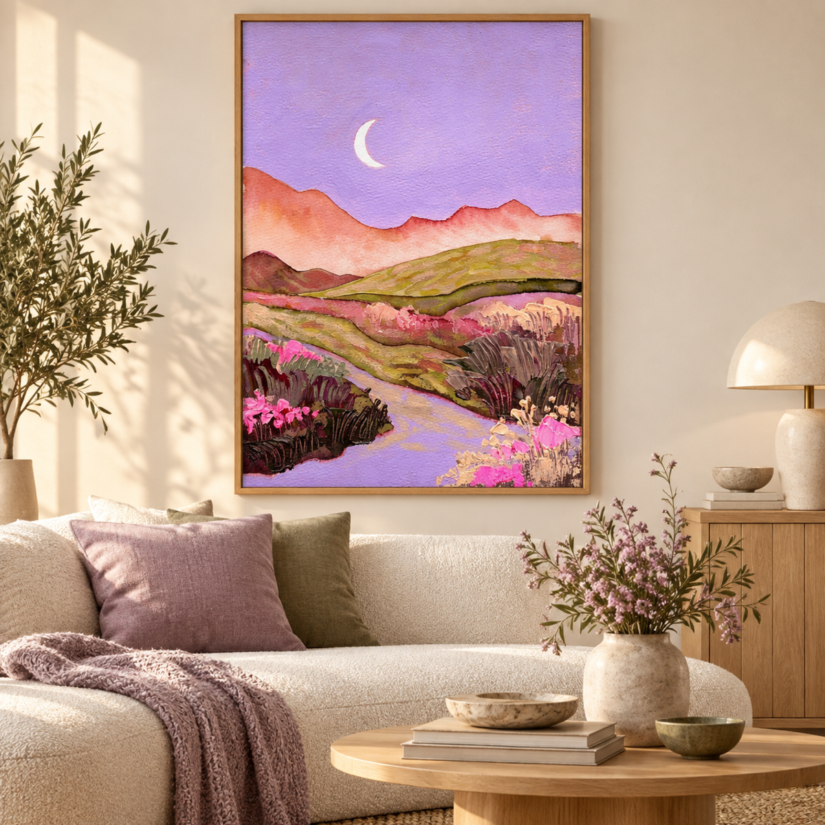 Lilac Sky wall art styled in a tranquil contemporary living room with no mat border