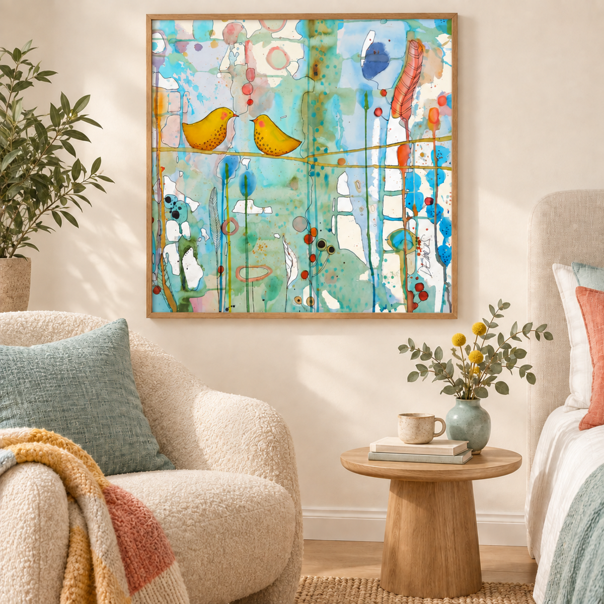 Lovers wall art styled in a cosy contemporary reading corner with no mat border