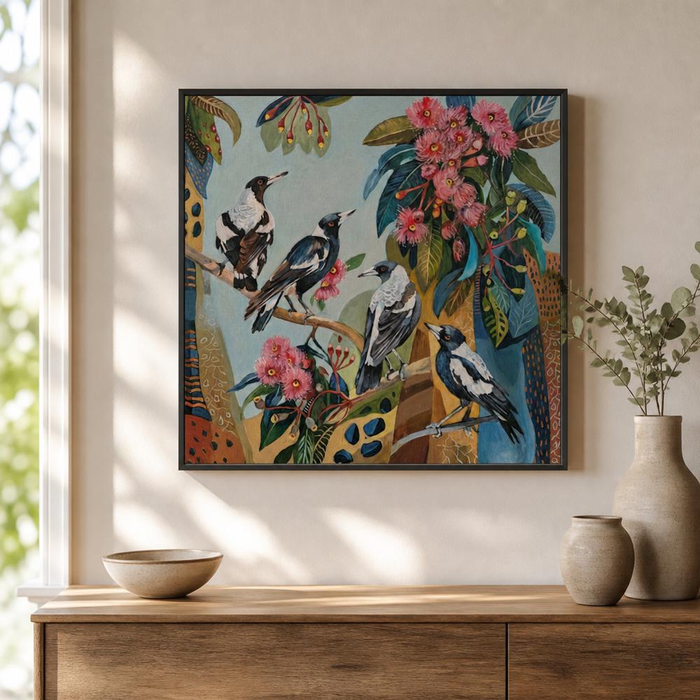 Magpies with Pink Gum Blossom-by-Susan Trudinger-wall-art-print-canvas-poster-framed-Gioia