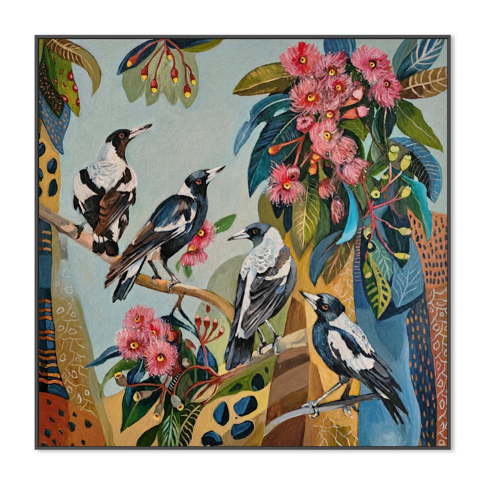 Magpies with Pink Gum Blossom-by-Susan Trudinger-wall-art-print-canvas-poster-framed-Gioia