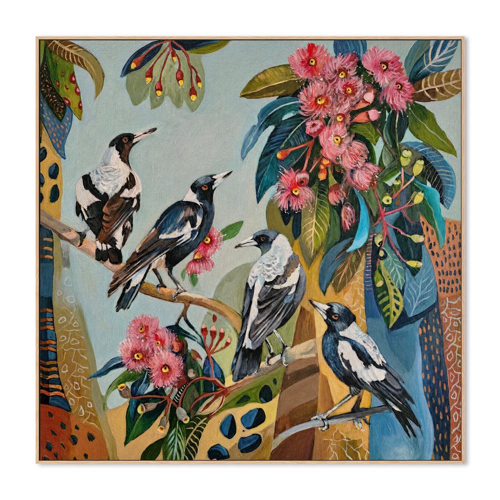 Magpies with Pink Gum Blossom-by-Susan Trudinger-wall-art-print-canvas-poster-framed-Gioia