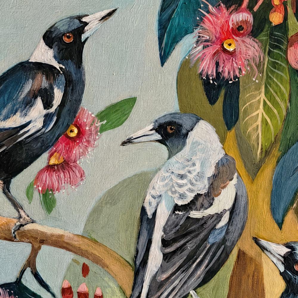 Magpies with Pink Gum Blossom-by-Susan Trudinger-wall-art-print-canvas-poster-framed-Gioia