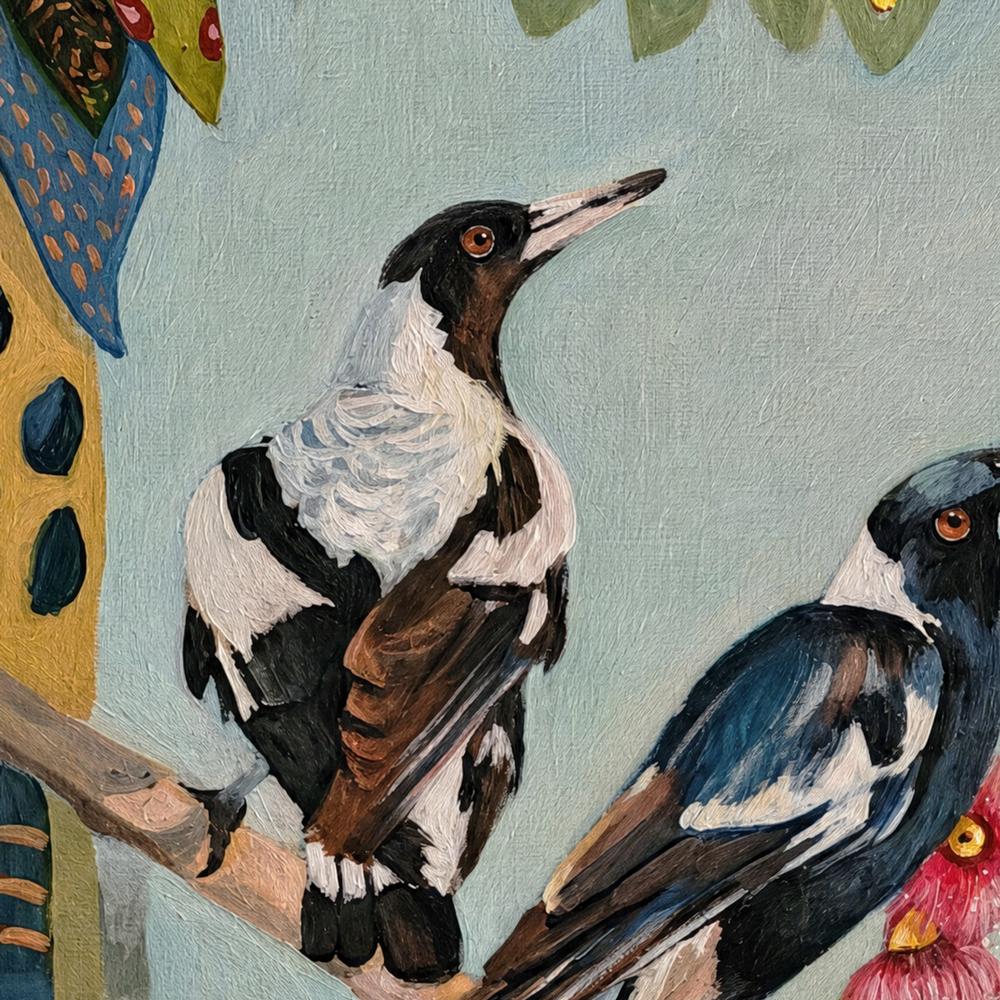 Magpies with Pink Gum Blossom-by-Susan Trudinger-wall-art-print-canvas-poster-framed-Gioia