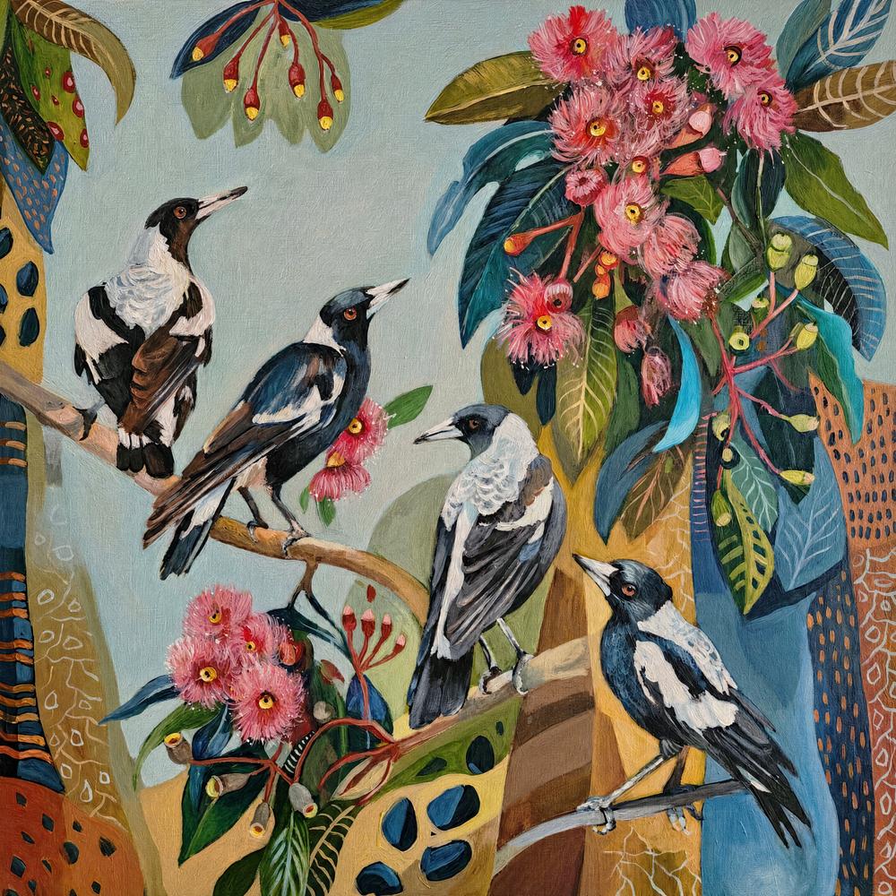 Magpies with Pink Gum Blossom-by-Susan Trudinger-wall-art-print-canvas-poster-framed-Gioia