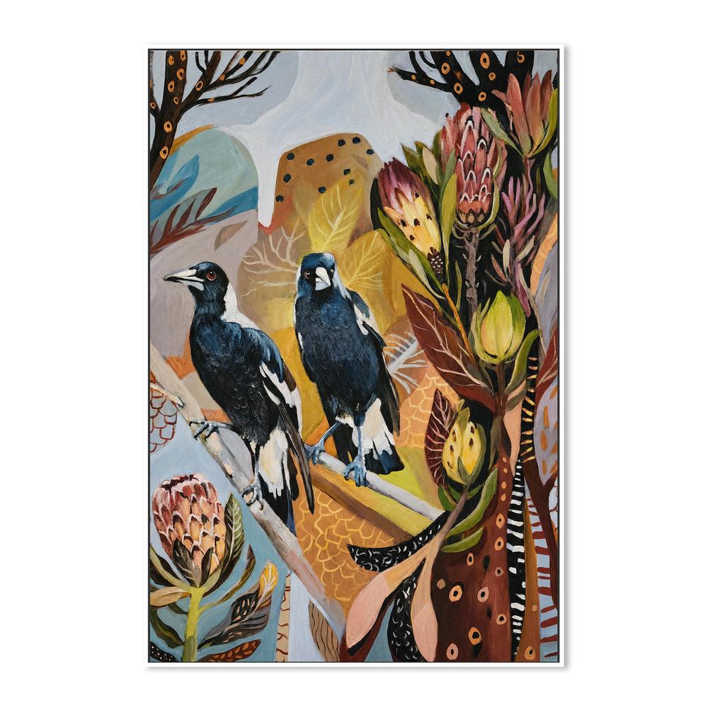 Magpies with Protea-by-Susan Trudinger-wall-art-print-canvas-poster-framed-Gioia