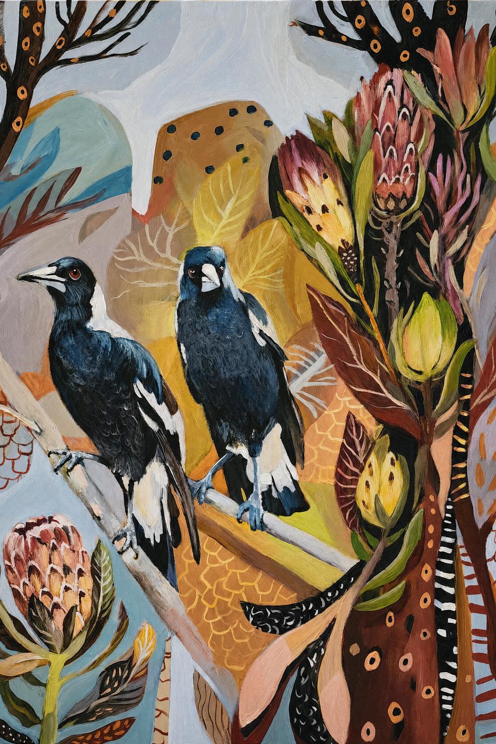 Magpies with Protea-by-Susan Trudinger-wall-art-print-canvas-poster-framed-Gioia