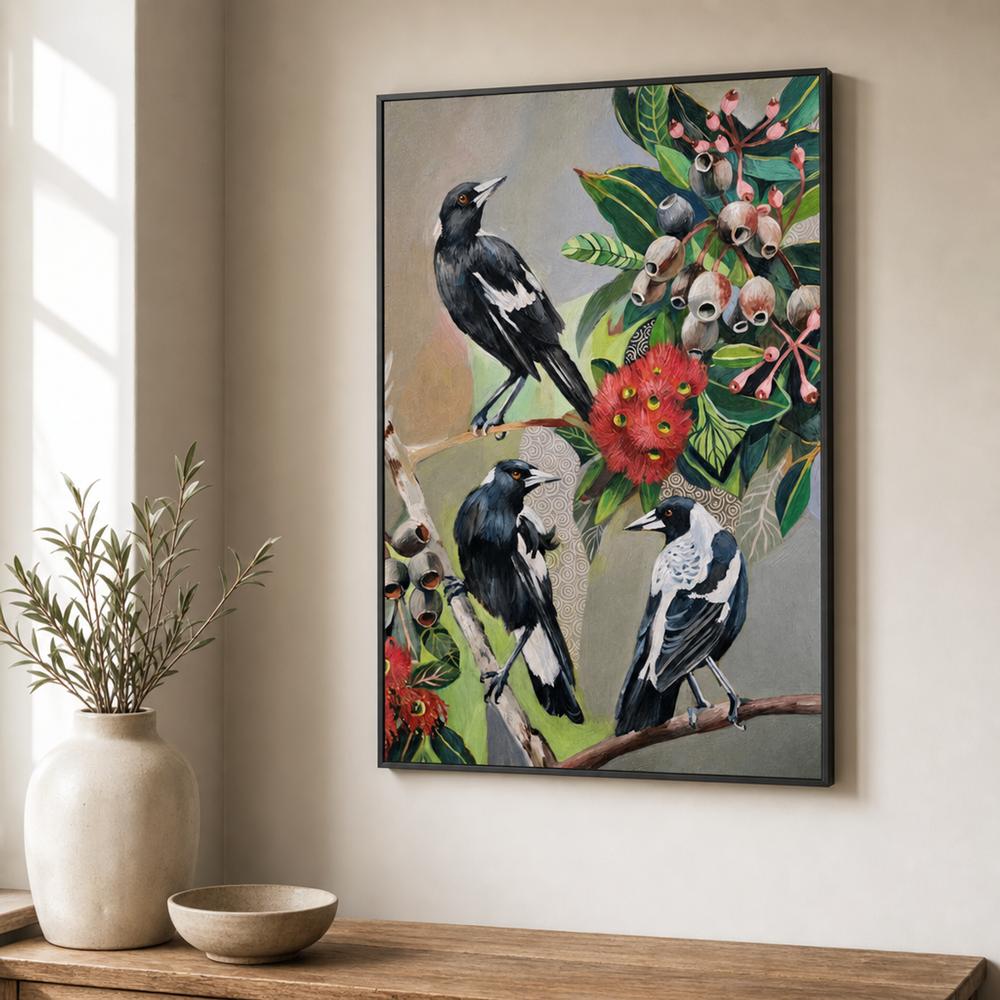 Magpies with Red Gum Blossom-by-Susan Trudinger-wall-art-print-canvas-poster-framed-Gioia