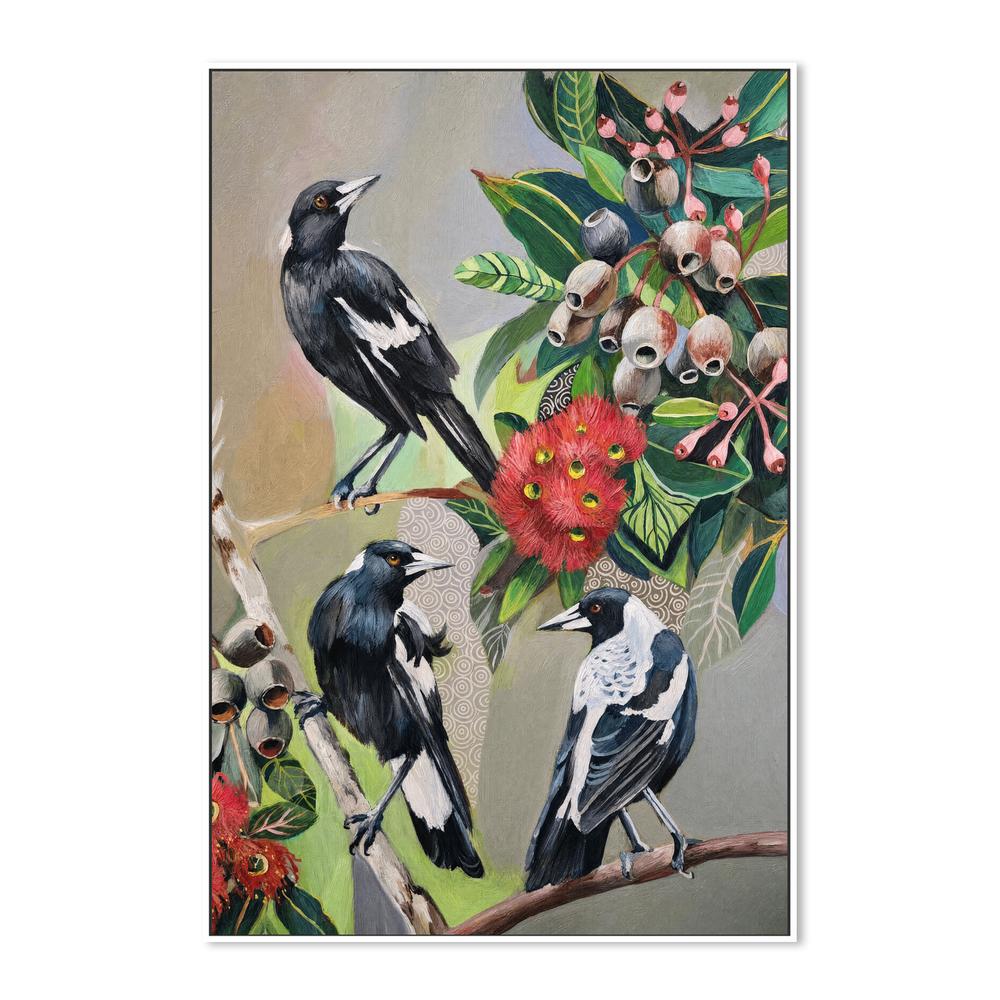 Magpies with Red Gum Blossom-by-Susan Trudinger-wall-art-print-canvas-poster-framed-Gioia