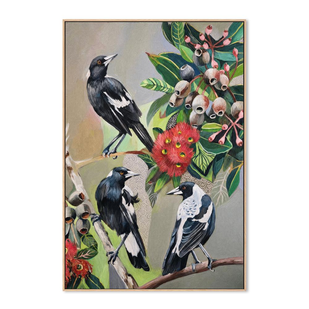 Magpies with Red Gum Blossom-by-Susan Trudinger-wall-art-print-canvas-poster-framed-Gioia
