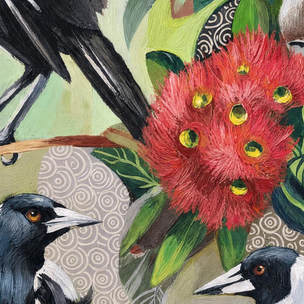 Magpies with Red Gum Blossom-by-Susan Trudinger-wall-art-print-canvas-poster-framed-Gioia