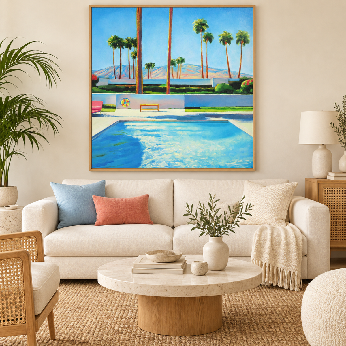 Palm Springs Pool wall art centred above a mid-century sofa