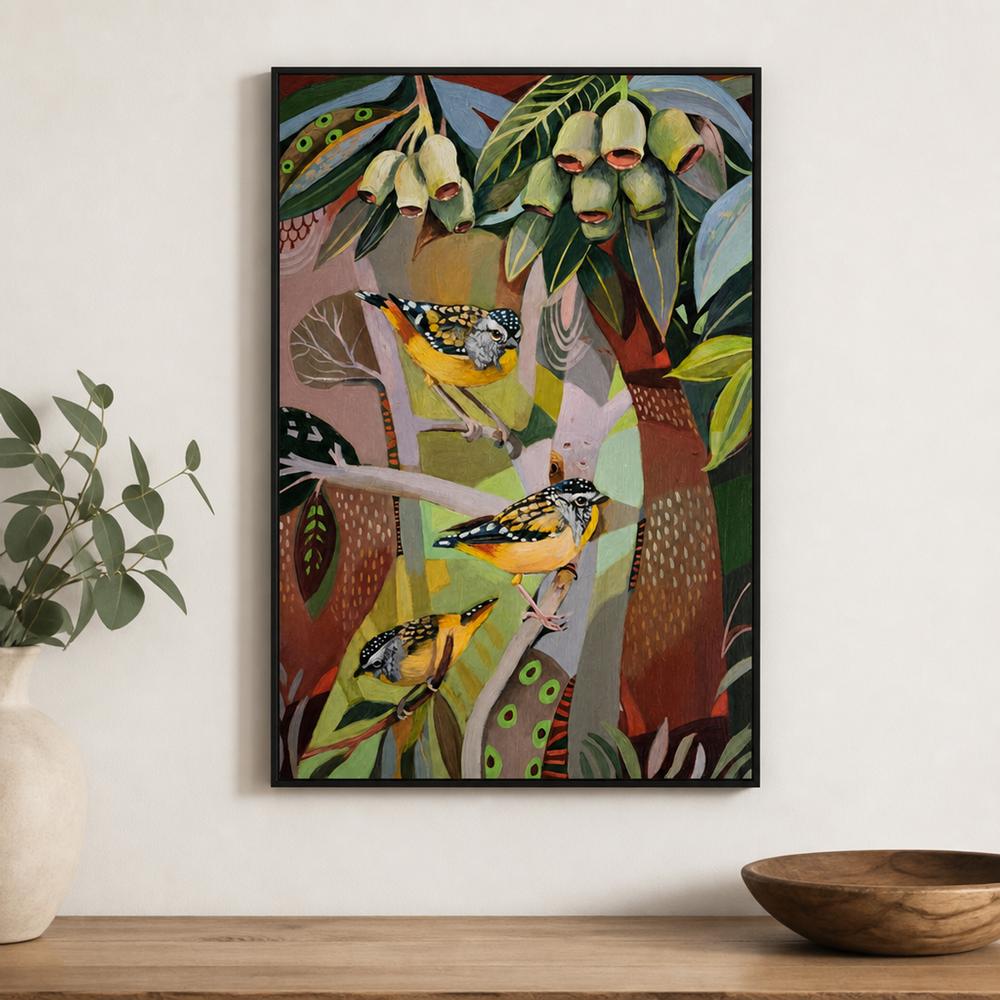 Pardalote with Gumnuts-by-Susan Trudinger-wall-art-print-canvas-poster-framed-Gioia