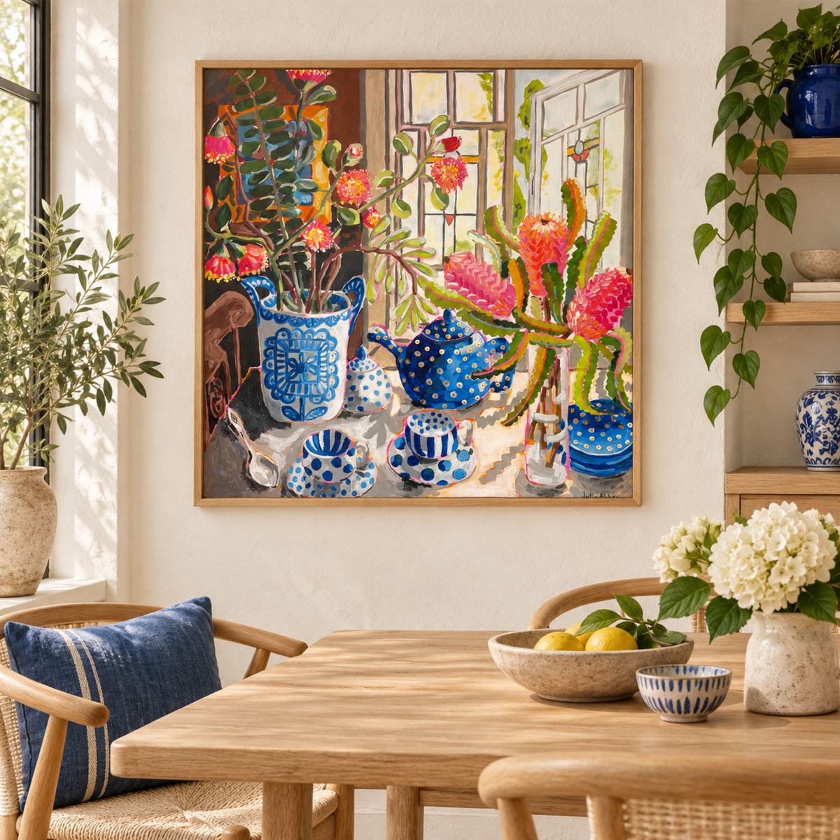 Polka Dots wall art styled in a bright contemporary dining nook with no mat border