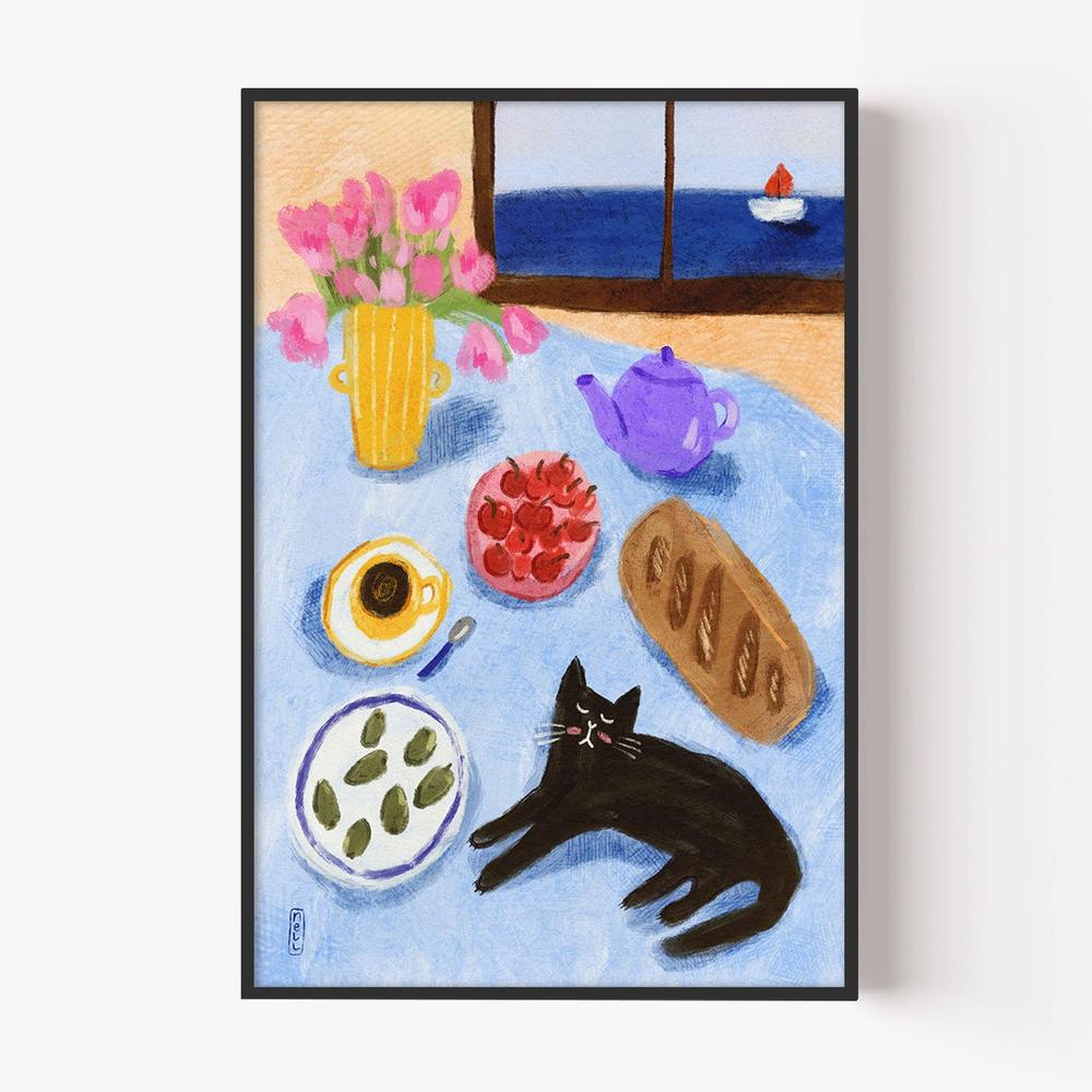 Relaxing Seaside Cat Breakfast-by-Dirkie Nell-wall-art-print-canvas-poster-framed-Gioia