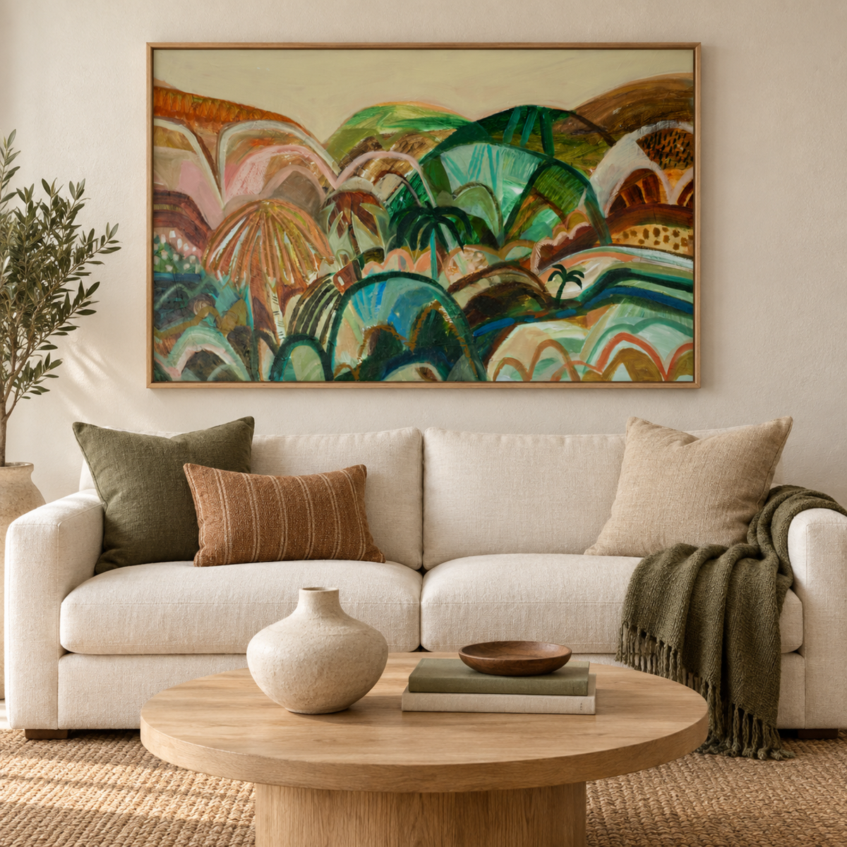 Roam Exclusive to Gioia wall art centred above a warm contemporary sofa