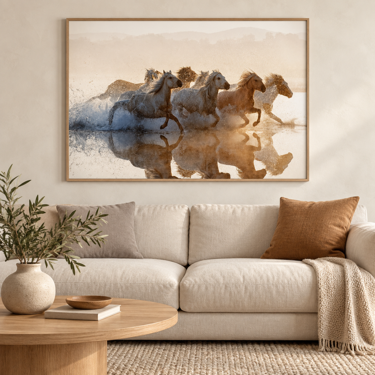 Running Horses wall art styled above a cream contemporary sofa
