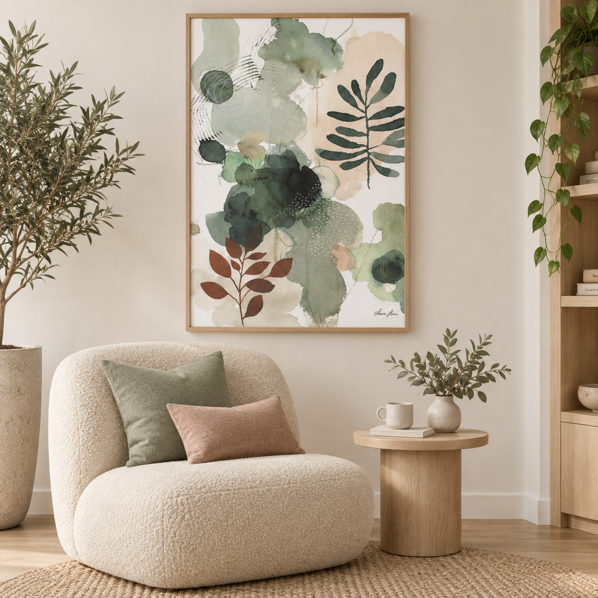 Sage Bliss, Style A wall art in a warm contemporary reading corner