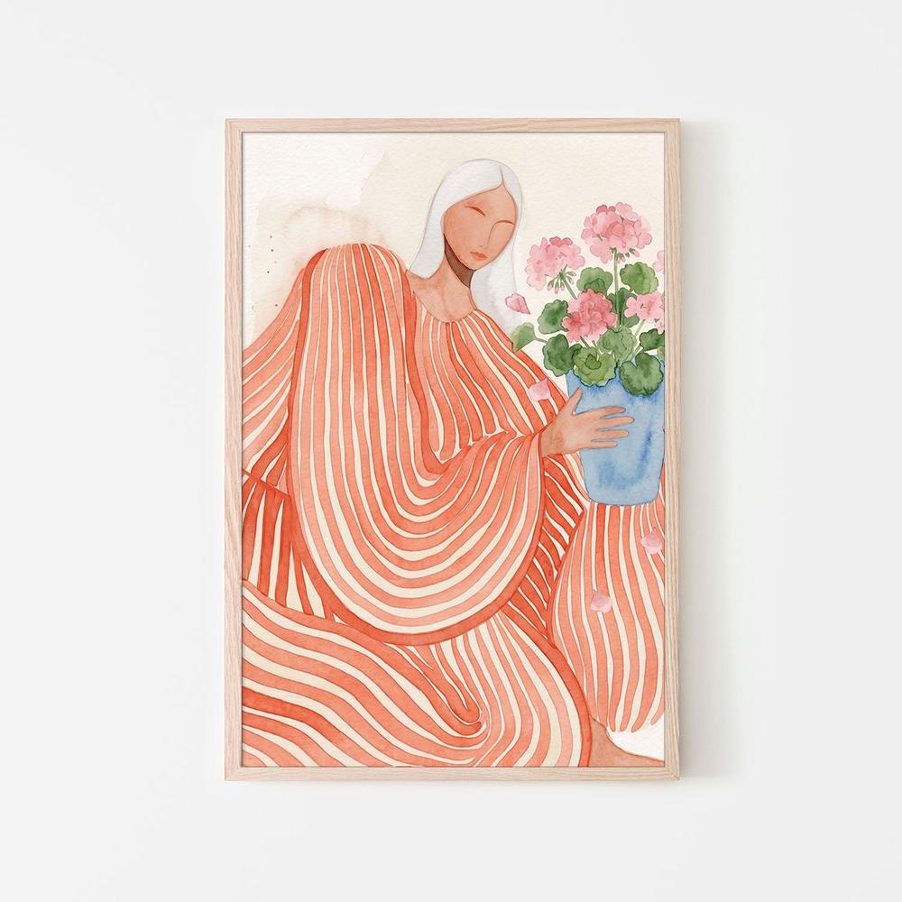 Serene Woman Pink Flowers-by-Essa Van Reis-wall-art-print-canvas-poster-framed-Gioia