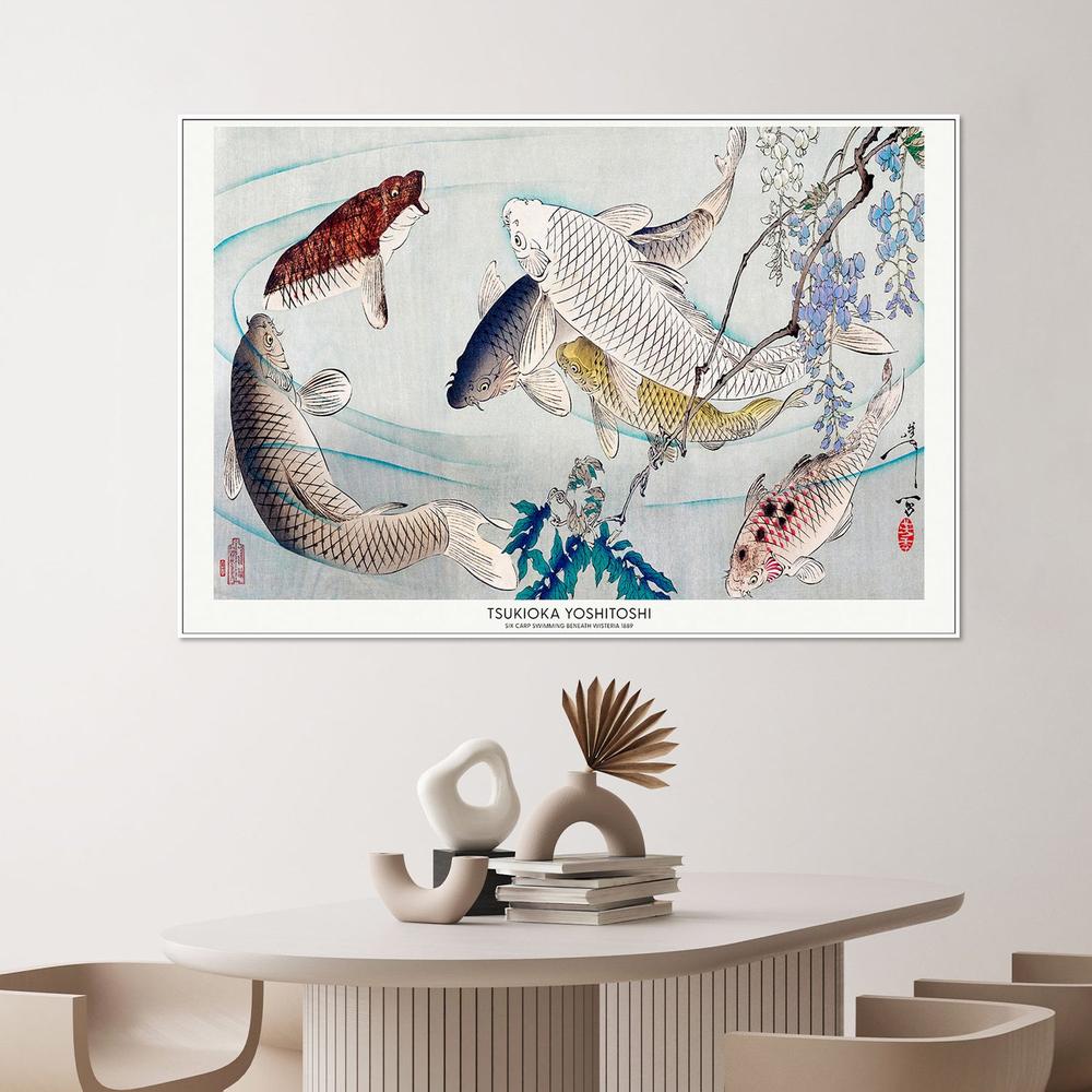 Six Carp Swimming Beneath Wisteria (1889)-by-Tsukioka Yoshitoshi-wall-art-print-canvas-poster-framed-Gioia