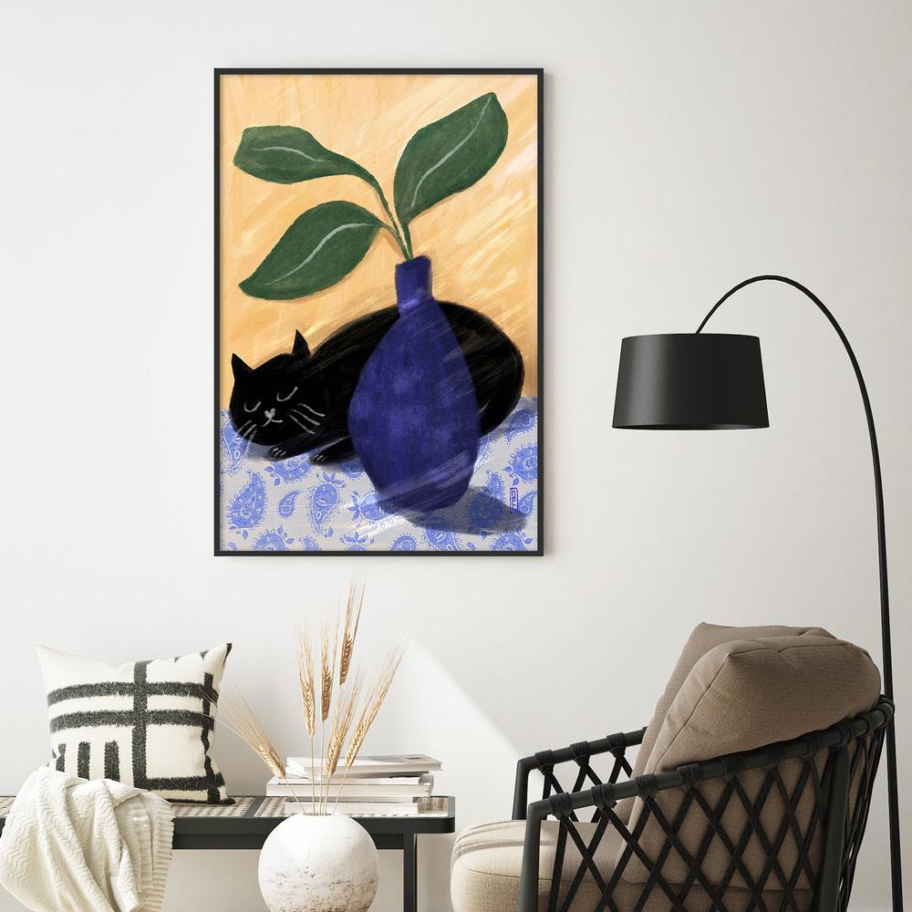 Sleeping Black Cat-by-Dirkie Nell-wall-art-print-canvas-poster-framed-Gioia