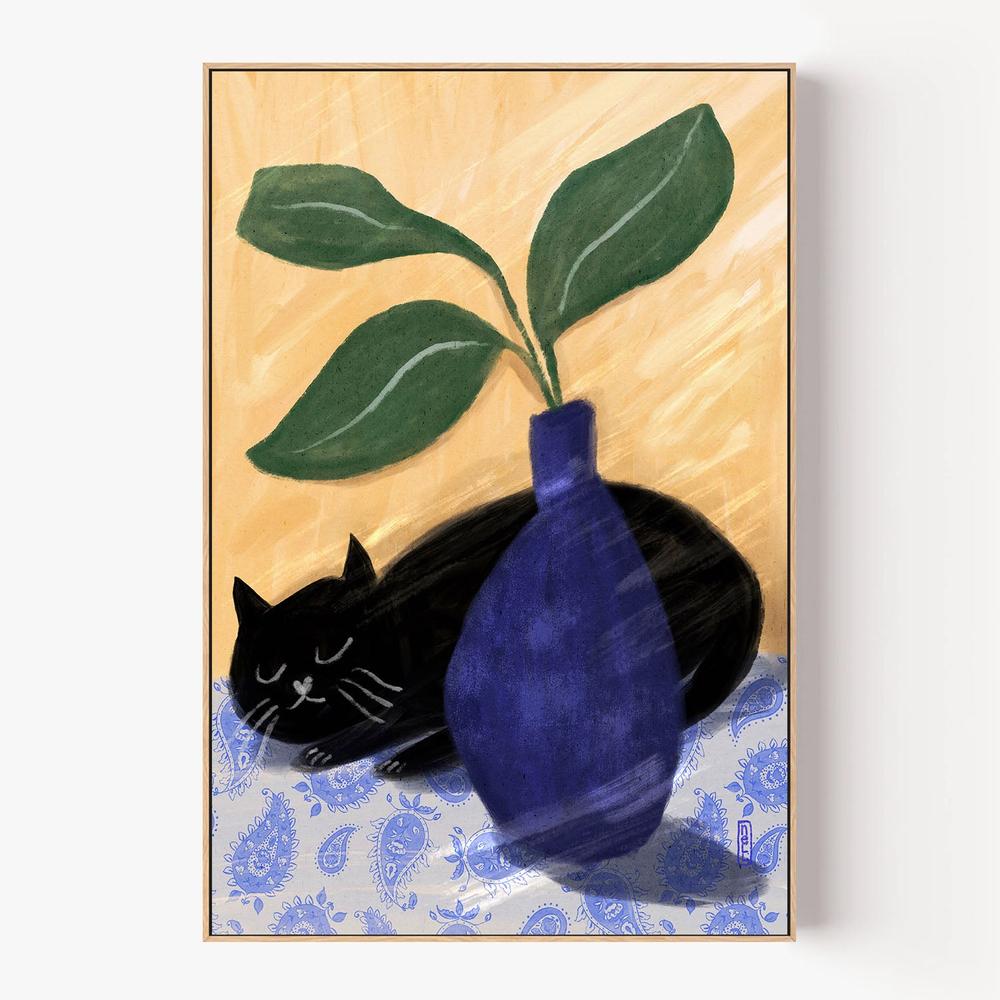 Sleeping Black Cat-by-Dirkie Nell-wall-art-print-canvas-poster-framed-Gioia