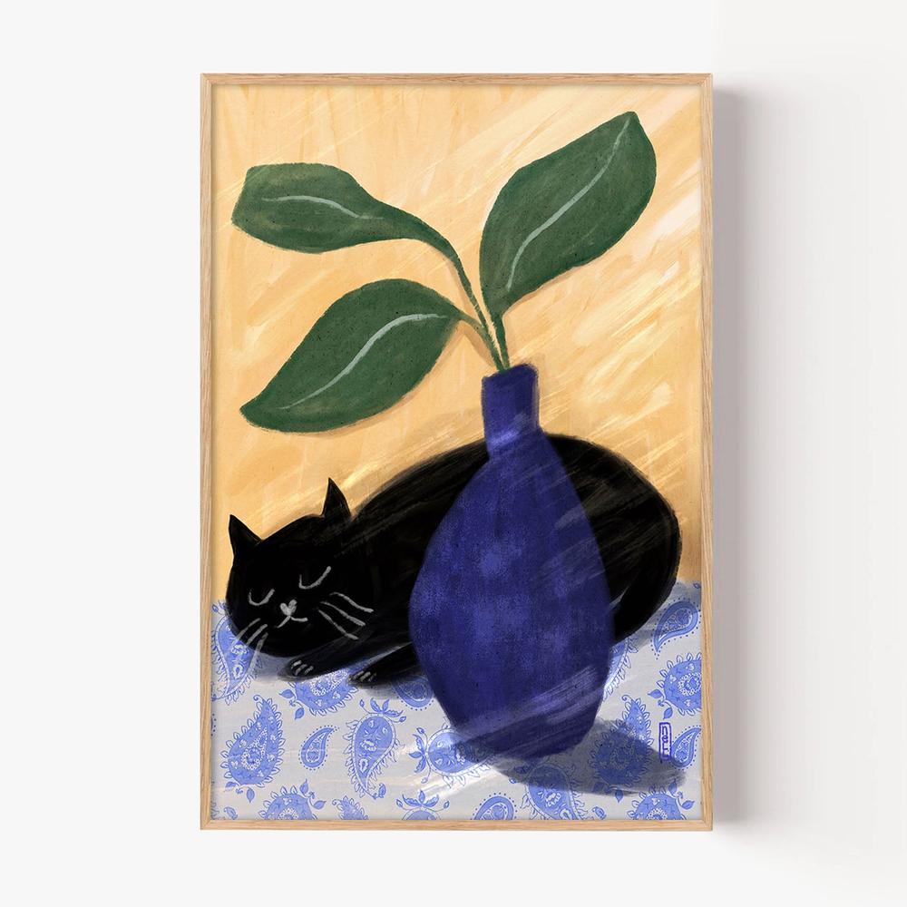 Sleeping Black Cat-by-Dirkie Nell-wall-art-print-canvas-poster-framed-Gioia