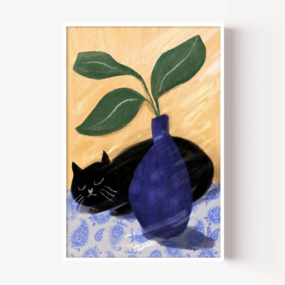 Sleeping Black Cat-by-Dirkie Nell-wall-art-print-canvas-poster-framed-Gioia
