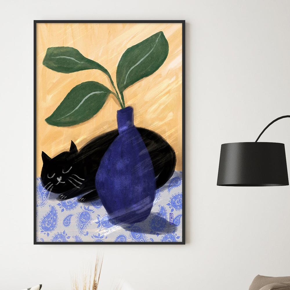 Sleeping Black Cat-by-Dirkie Nell-wall-art-print-canvas-poster-framed-Gioia