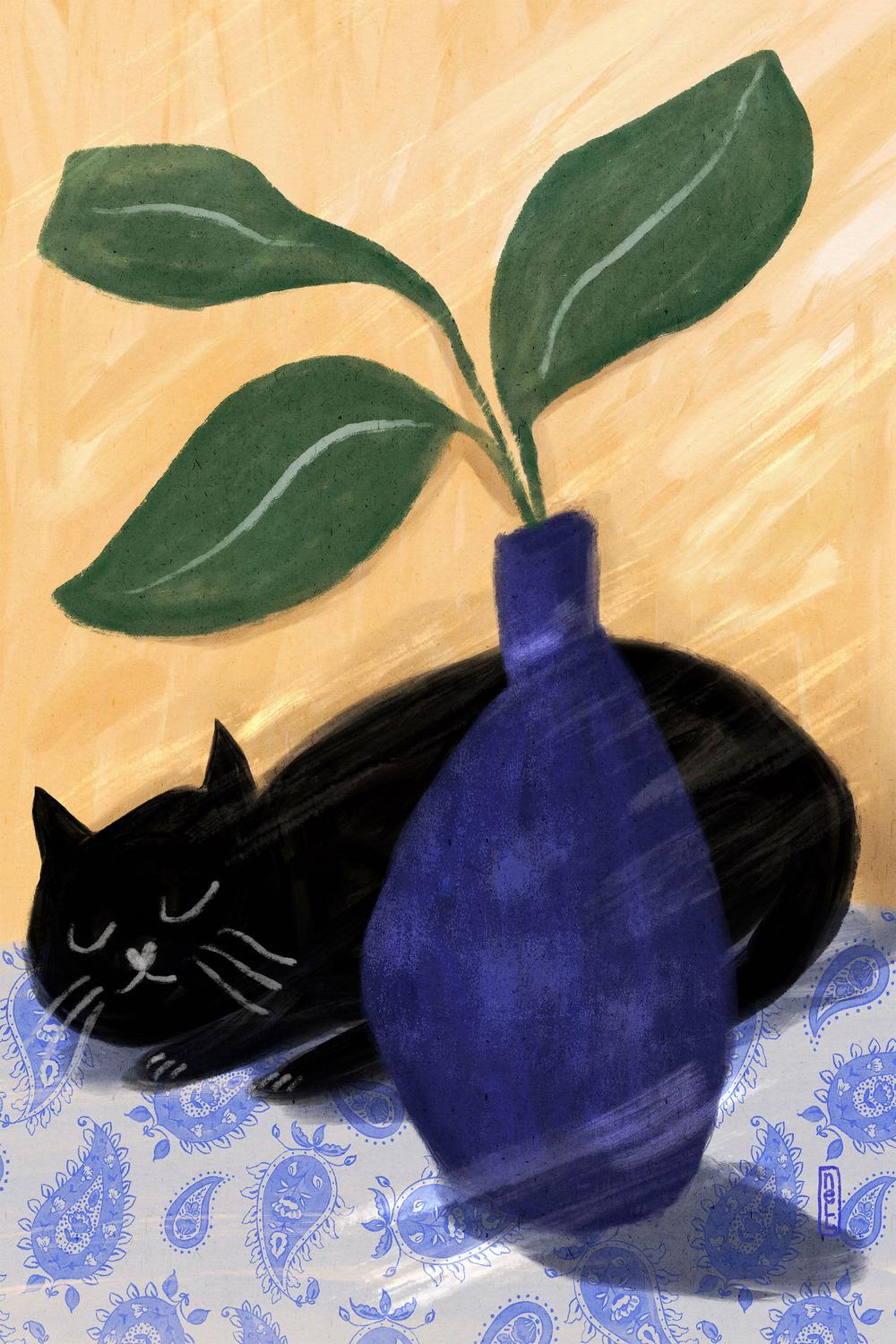 Sleeping Black Cat-by-Dirkie Nell-wall-art-print-canvas-poster-framed-Gioia