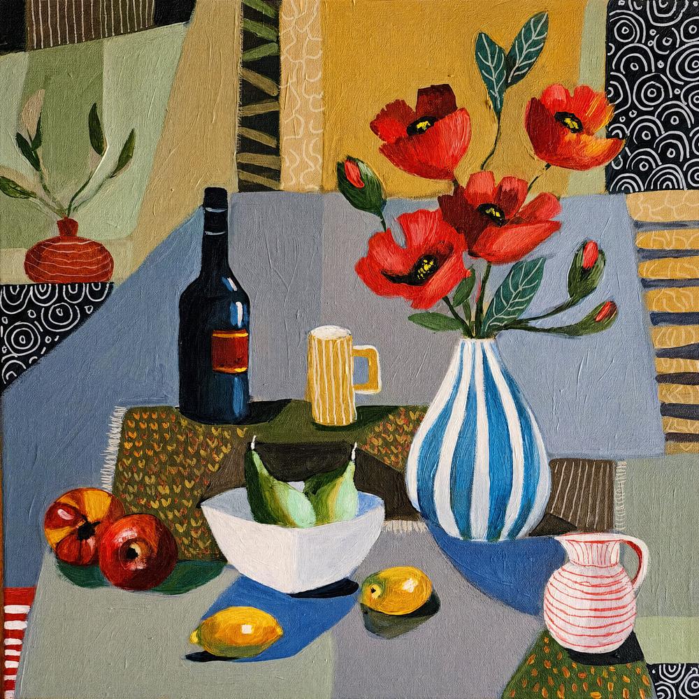 Striped Vase with Poppies-by-Susan Trudinger-wall-art-print-canvas-poster-framed-Gioia
