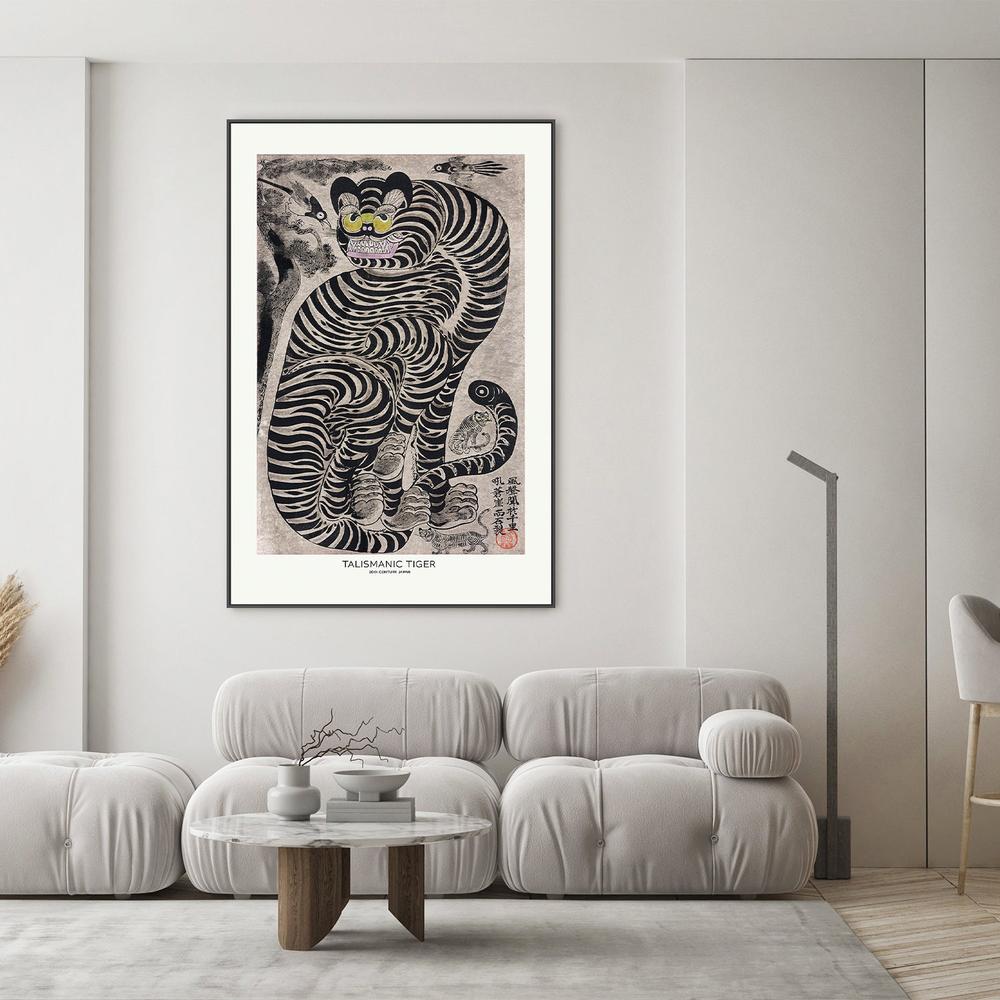 Talismanic Tiger (20th Century) Vintage Japanese Painting With Boarder-by-Vintage Japanese-wall-art-print-canvas-poster-framed-Gioia