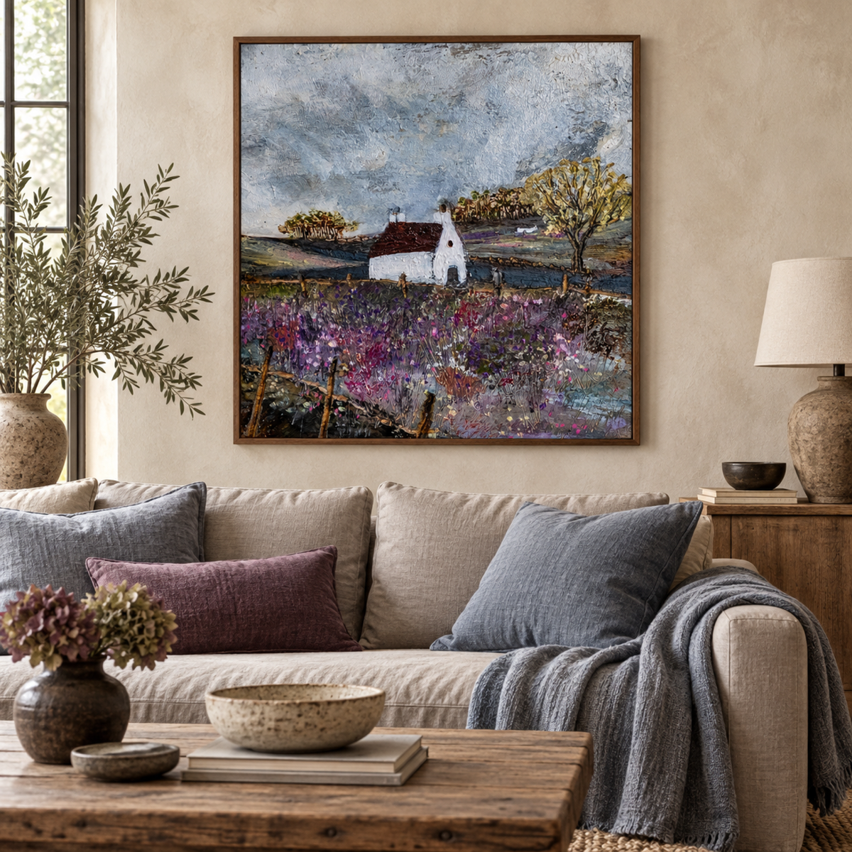 The Old Boat House wall art styled in a relaxed contemporary country living room with no mat border