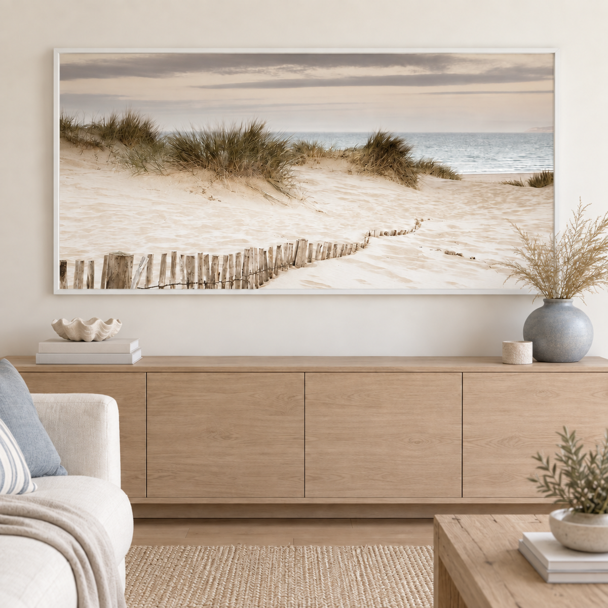 The White Sand And The Sea wall art styled above a pale timber buffet