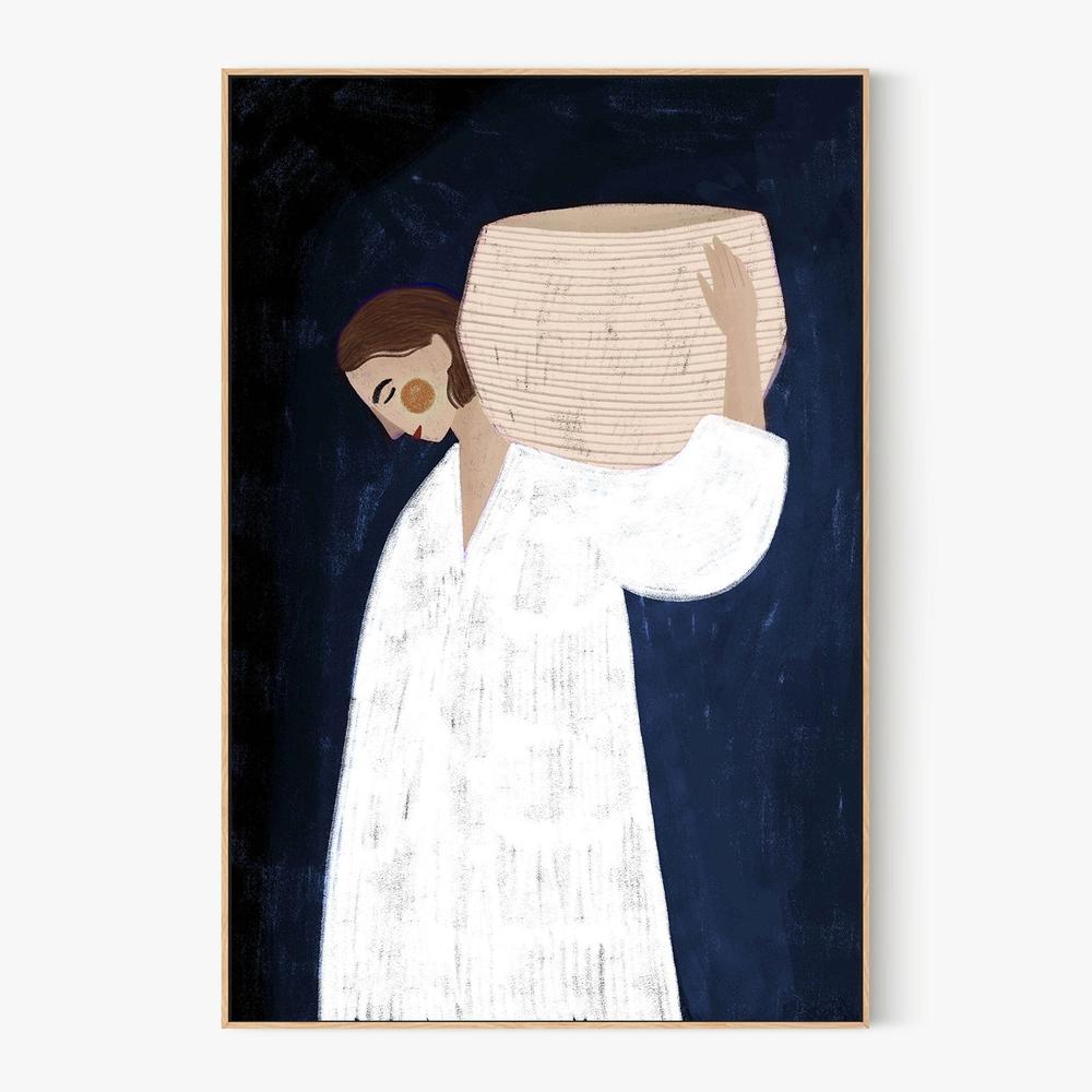 The Woman with the Pink Basket, Blue tone-by-Bea Muller-wall-art-print-canvas-poster-framed-Gioia