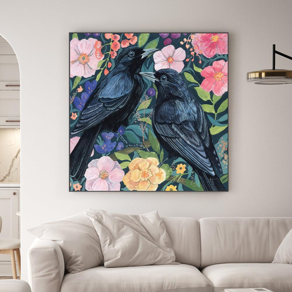 Two Crows on Flowers-by-Kate Jarvik Birch-wall-art-print-canvas-poster-framed-Gioia