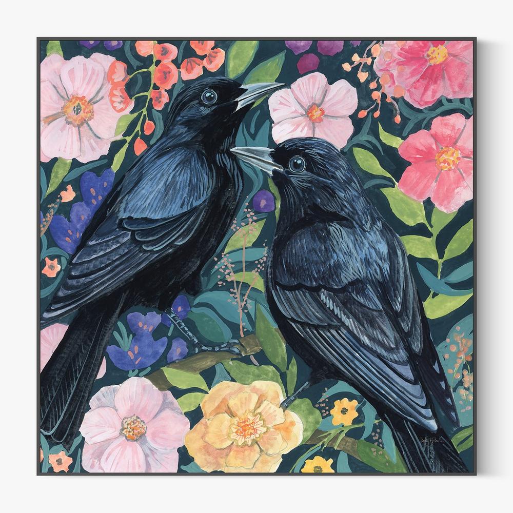 Two Crows on Flowers-by-Kate Jarvik Birch-wall-art-print-canvas-poster-framed-Gioia