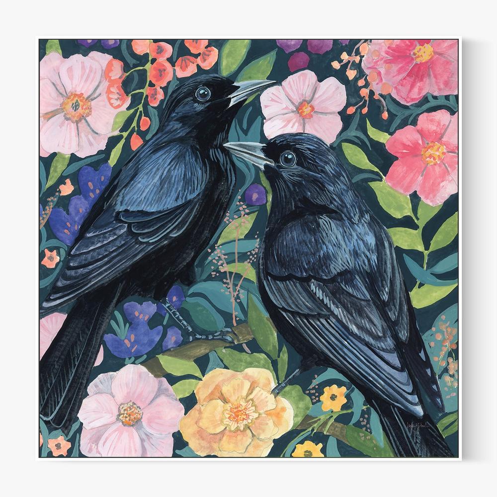 Two Crows on Flowers-by-Kate Jarvik Birch-wall-art-print-canvas-poster-framed-Gioia