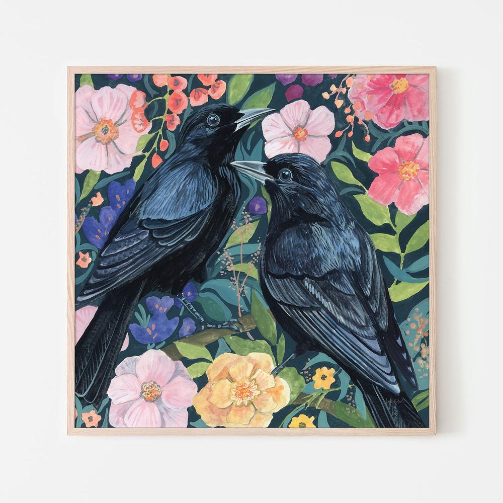 Two Crows on Flowers-by-Kate Jarvik Birch-wall-art-print-canvas-poster-framed-Gioia